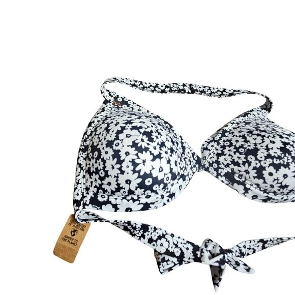 Pink By Victoria Push Up Halter Tie Bikini Swim Top L-DD Floral Black White NWT - Picture 7 of 10